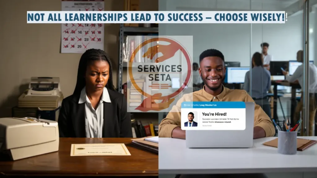A split-screen concept showing two contrasting scenes: Left Side (The "Dead-End" Learnership) A young woman (representing Thandi) sitting at a desk, looking frustrated, with a dusty certificate in front of her. A cluttered office setting with outdated tech (e.g., fax machines, stacks of old books). A calendar showing a full year crossed out, symbolizing wasted time. Right Side (The Winning Learnership) A young man (representing Sipho) confidently working on a laptop, surrounded by digital marketing tools. A modern office with professionals, bright screens, and collaborative energy. A message notification on his screen: "You're Hired!" Overlay Text: "Not All Learnerships Lead to Success – Choose Wisely!"