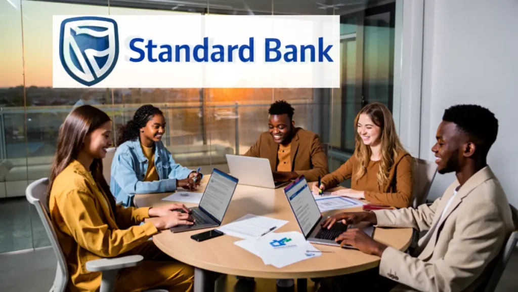 a vibrant, optimistic image showing a diverse group of young South African adults (ages 18–30) smiling and collaborating in a modern office. Include elements like laptops, insurance documents, a 'Standard Bank' logo, and a bright African sunrise in the background. Style: Professional yet energetic, with bold colors and a focus on teamwork.