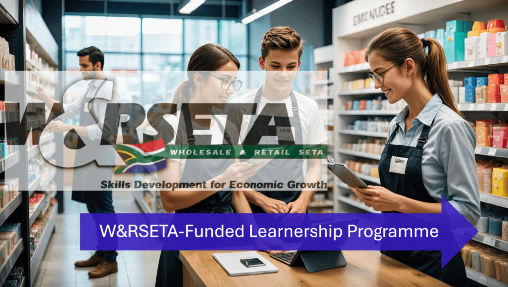 An inspiring image of young learners working in a modern retail store. They should be actively engaging with customers and stock, while a mentor provides guidance. The environment should feel professional and vibrant, representing growth, opportunity, and a bright future in the retail industry.