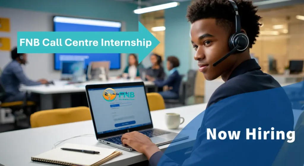 a vibrant and eye-catching image of a young South African intern (male or female, age 18–25) working in a sleek, modern call centre environment. The intern should be smiling confidently while wearing a headset, seated at a desk with a laptop, notepad, and a coffee cup. In the background, include a soft-focus office setting with diverse colleagues and a subtle FNB logo on a wall or digital screen. Use bold, clean lighting and warm tones that evoke professionalism and opportunity. Add a subtle overlay or corner badge that says “Now Hiring” or “FNB Call Centre Internship” in bold, readable text. Stick to a bright, career-themed color palette (teal, white, gold).